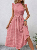 Ruffled Flutter Sleeve Tie Textured Dress