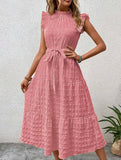 Ruffled Flutter Sleeve Tie Textured Dress