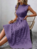 Ruffled Flutter Sleeve Tie Textured Dress