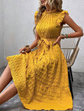Ruffled Flutter Sleeve Tie Textured Dress