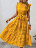 Ruffled Flutter Sleeve Tie Textured Dress