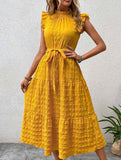 Ruffled Flutter Sleeve Tie Textured Dress