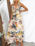 Printed Lace-Up V-Neck A-Line Dress – Flowy Waist-Defining Midi Dress for All Seasons