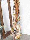 Printed Lace-Up V-Neck A-Line Dress – Flowy Waist-Defining Midi Dress for All Seasons