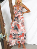 Printed Lace-Up V-Neck A-Line Dress – Flowy Waist-Defining Midi Dress for All Seasons