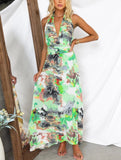 Printed Lace-Up V-Neck A-Line Dress – Flowy Waist-Defining Midi Dress for All Seasons