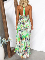 Printed Lace-Up V-Neck A-Line Dress ??Flowy Waist-Defining Midi Dress for All Seasons