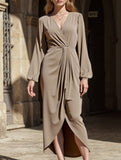 LONG-SLEEVED DRESS WITH CROSS-NECK PLEATS AND SLIT