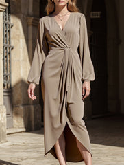 LONG-SLEEVED DRESS WITH CROSS-NECK PLEATS AND SLIT