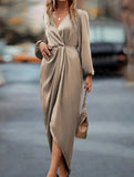 LONG-SLEEVED DRESS WITH CROSS-NECK PLEATS AND SLIT