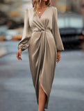 LONG-SLEEVED DRESS WITH CROSS-NECK PLEATS AND SLIT