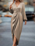 LONG-SLEEVED DRESS WITH CROSS-NECK PLEATS AND SLIT