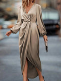 LONG-SLEEVED DRESS WITH CROSS-NECK PLEATS AND SLIT
