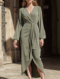 LONG-SLEEVED DRESS WITH CROSS-NECK PLEATS AND SLIT