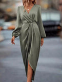 LONG-SLEEVED DRESS WITH CROSS-NECK PLEATS AND SLIT