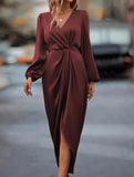 LONG-SLEEVED DRESS WITH CROSS-NECK PLEATS AND SLIT