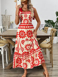 Boho Chic Locked-Down Floral Strap Dress ??Sleeveless A-Line Summer Maxi Dress