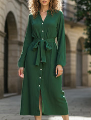 PLEATED CARDIGAN SKIRT LAPEL SHIRT DRESS