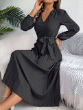 V-NECK BUTTON-UP LONG PLEATED DRESS