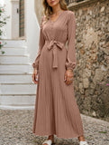 V-NECK BUTTON-UP LONG PLEATED DRESS