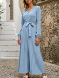V-NECK BUTTON-UP LONG PLEATED DRESS