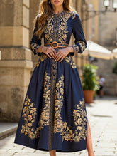 RETRO PALACE STYLE PRINT STAND COLLAR SLIT DRESS