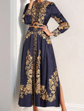 RETRO PALACE STYLE PRINT STAND COLLAR SLIT DRESS