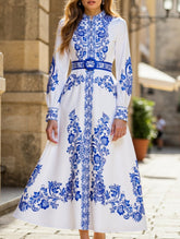 RETRO PALACE STYLE PRINT STAND COLLAR SLIT DRESS