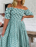Printed Puffed Sleeve Maxi Swing Dress ??Elegant High-Waist Flowy Dress for All Seasons