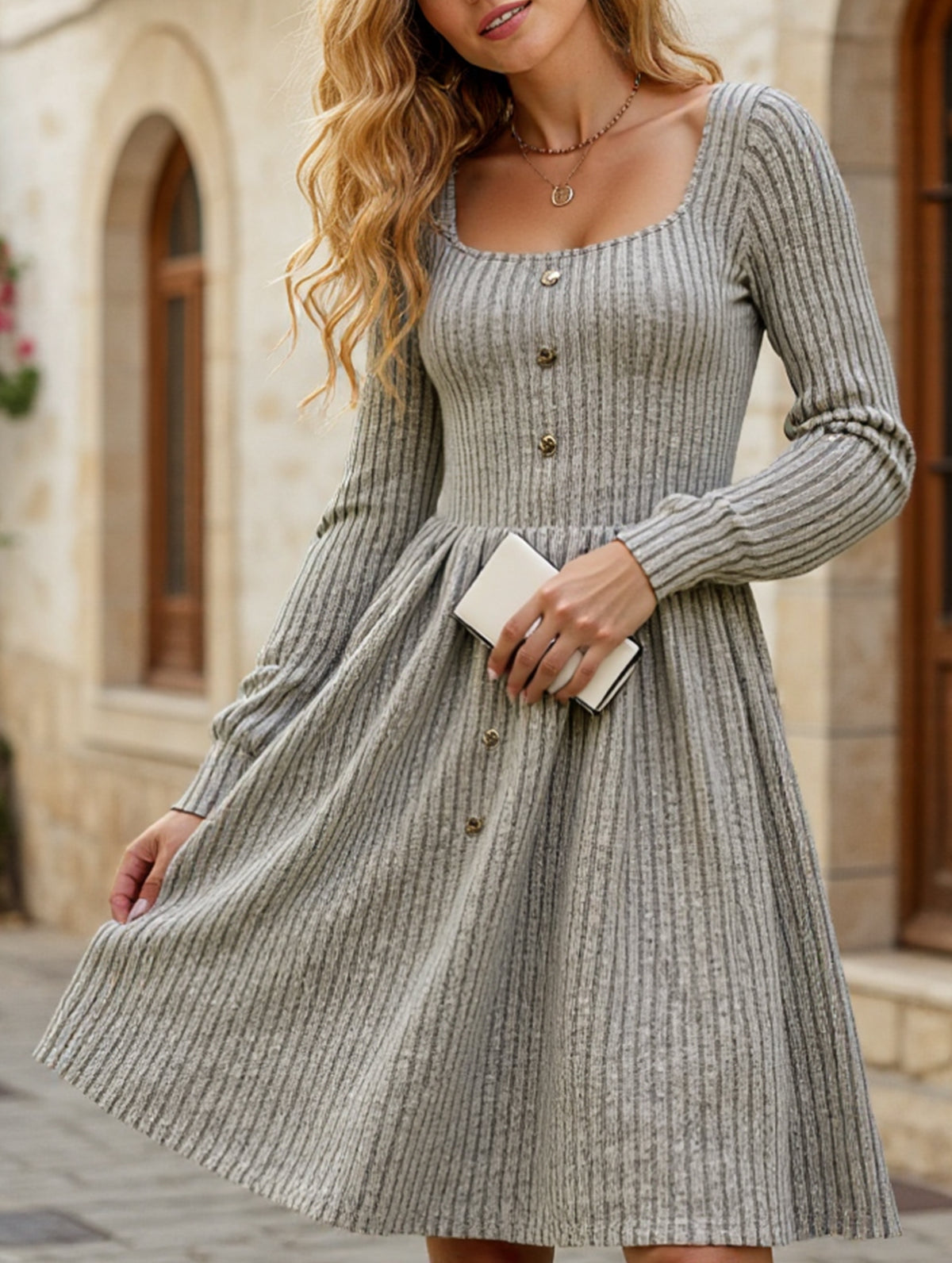 Long-sleeved square-neck solid-color dress