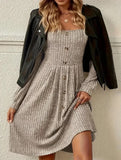 Long-sleeved square-neck solid-color dress