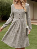 Long-sleeved square-neck solid-color dress