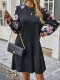 Round neck printed loose long-sleeved dress