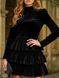 Pleated solid color high waist slim dress