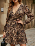 Backless V-neck long-sleeved leopard print dress