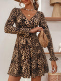 Backless V-neck long-sleeved leopard print dress