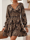 Backless V-neck long-sleeved leopard print dress