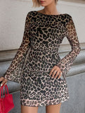 Sexy backless leopard print long-sleeved dress