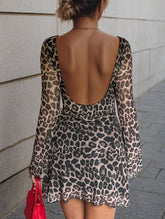 Sexy backless leopard print long-sleeved dress