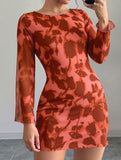 Backless Mesh Print Hip-Wrap Long Sleeve Dress