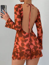 Backless Mesh Print Hip-Wrap Long Sleeve Dress