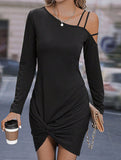 Off-shoulder slim-fit twisted long-sleeved dress