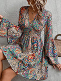 Women's Floral Print V-Neck Bell Sleeve Dress