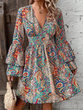 Women's Floral Print V-Neck Bell Sleeve Dress