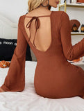 Brown Textured Open Back Bow Dress