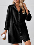 Loose washed long-sleeved patchwork denim dress