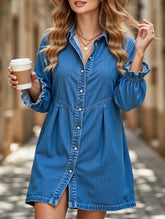 Loose washed long-sleeved patchwork denim dress