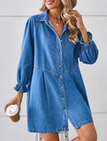 Loose washed long-sleeved patchwork denim dress