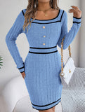 Square Neck Button Long Sleeve Sweater Hip Skirt