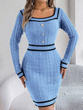 Square Neck Button Long Sleeve Sweater Hip Skirt